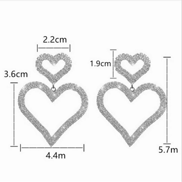 Silver Tone Double Heart Drop Earrings Pave Setting - Picture 5 of 13